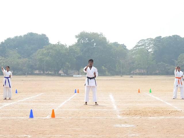 Students train and perform karate routines during the annual school sports event and programs Avadi.
