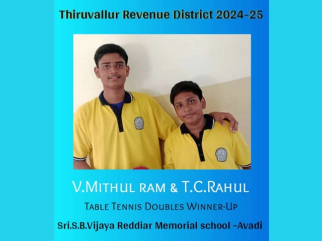 Students celebrate their table tennis victory proudly during the zonal day winner event held in Avadi